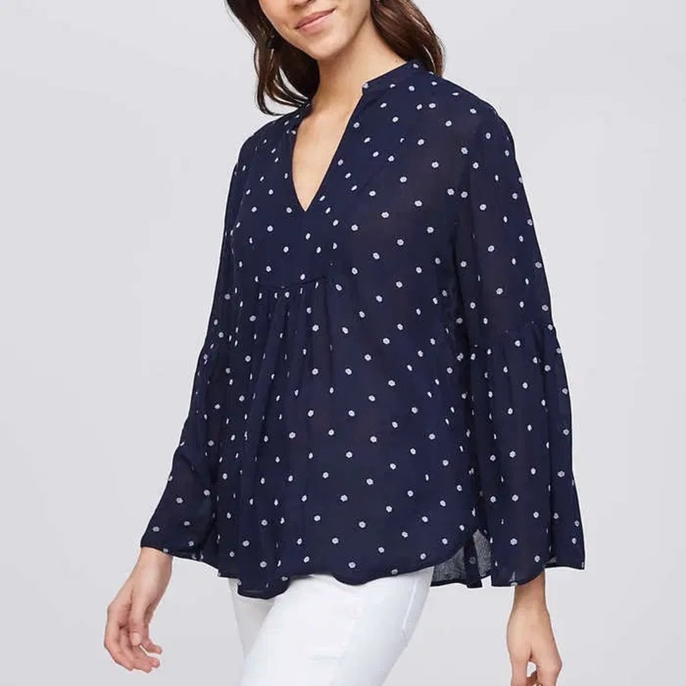 LOFT Blue Relaxed Tiered Blouse with Mandarin Collar